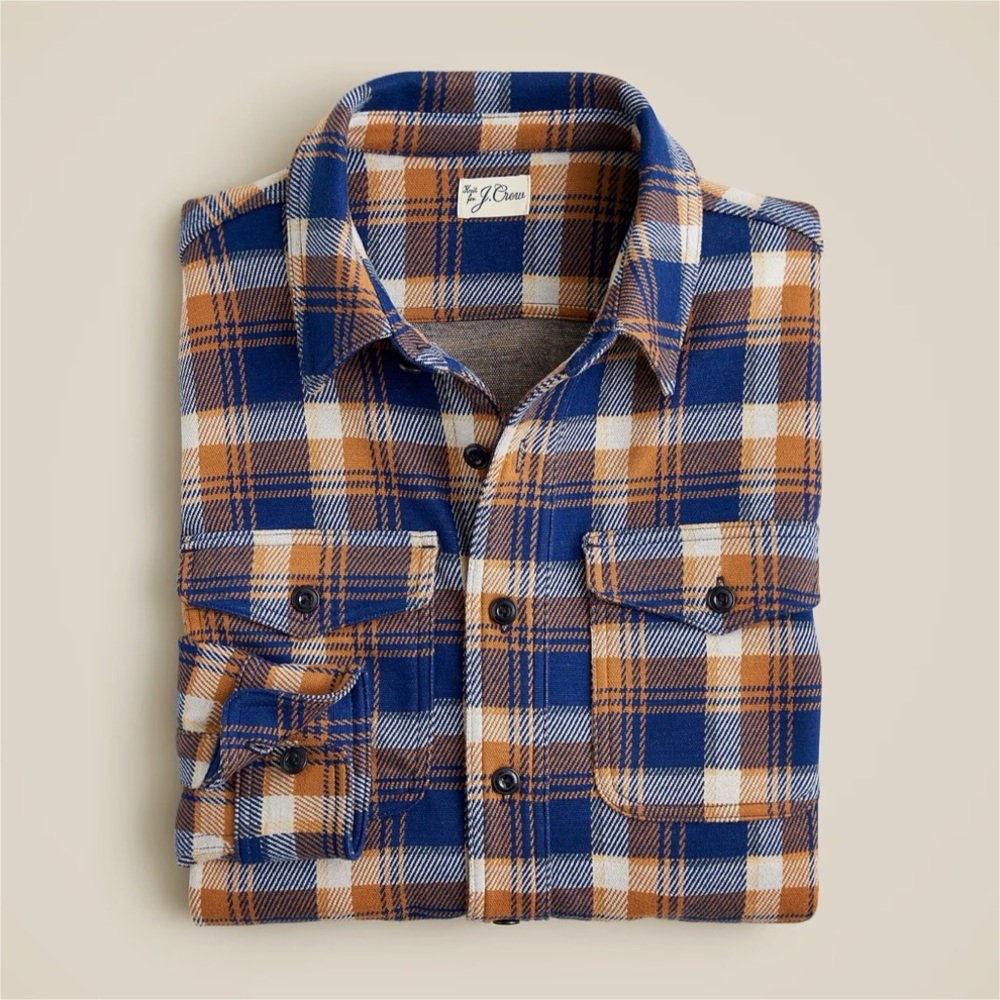 J. Crew Seaboard Soft Knit Shirt Large Brown Blue White Plaid Fall Flannel BV898